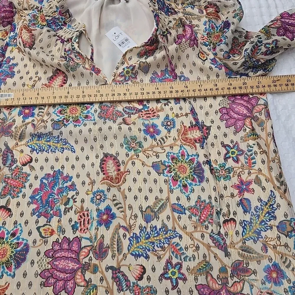 Loft  Top Sparkle Shimmer Vine Lined Puff Sleeve Ruffle Boho Floral Gold Sz M